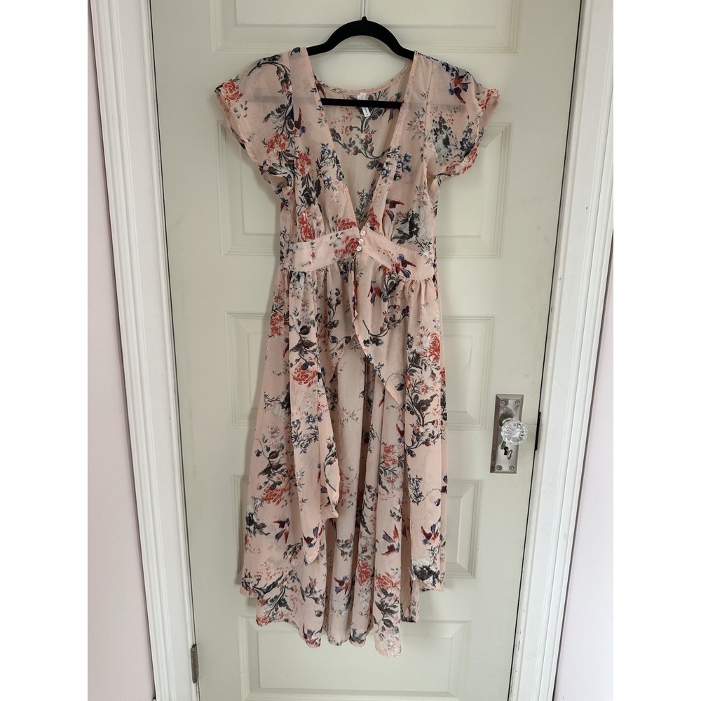 Live 4 Truth Sheer Flower Pink Button Front Long‎ Shirt Dress Gown Wm's Size S